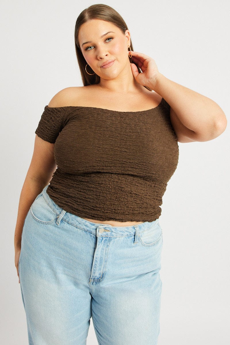 Brown Top Off Shoulder Textured for YouandAll Fashion