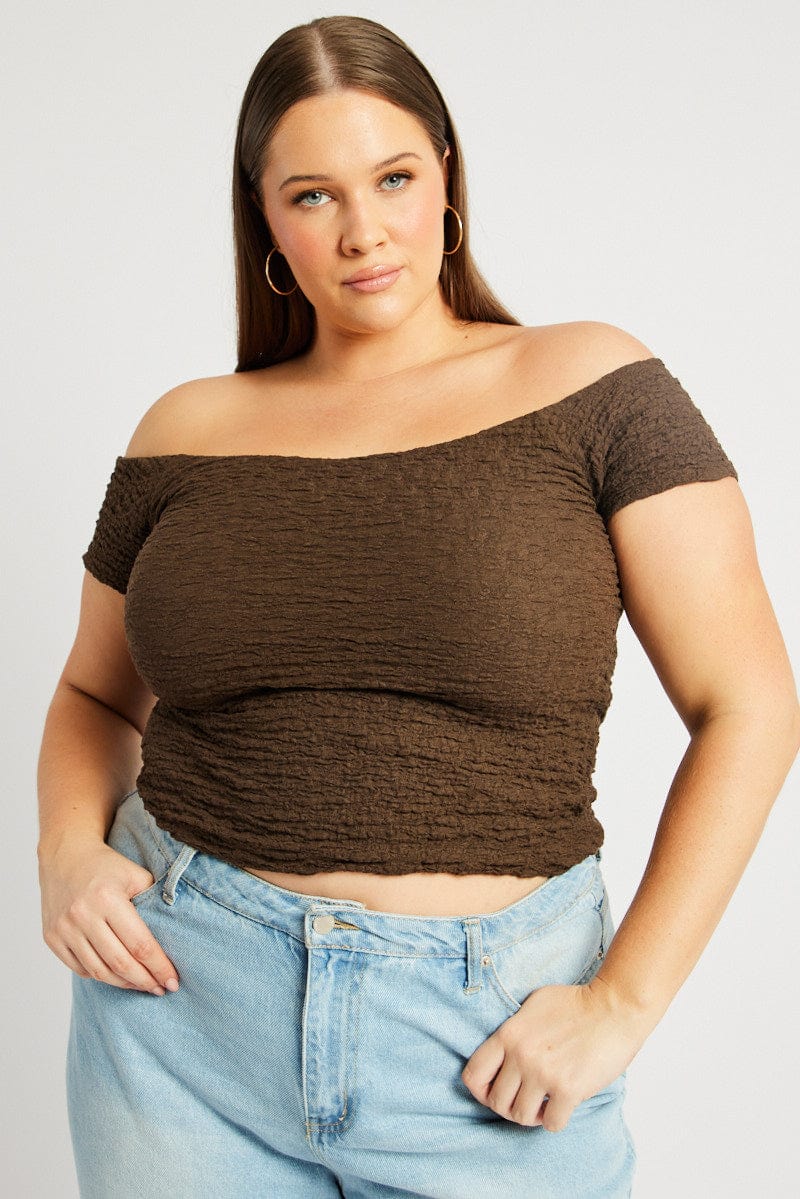 Brown Top Off Shoulder Textured for YouandAll Fashion