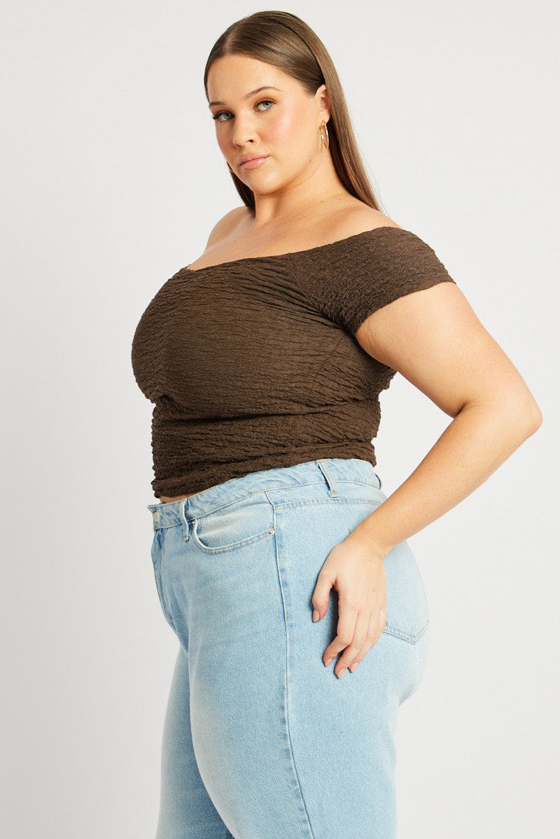 Brown Top Off Shoulder Textured for YouandAll Fashion