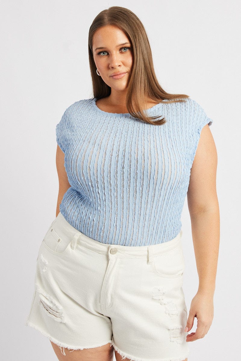 Blue Textured Top Short Sleeve for YouandAll Fashion