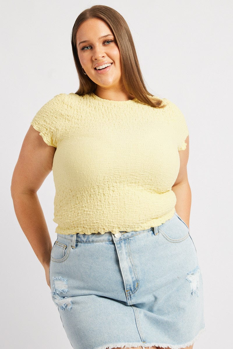 Yellow Top Textured Short Sleeve Crew Neck for YouandAll Fashion