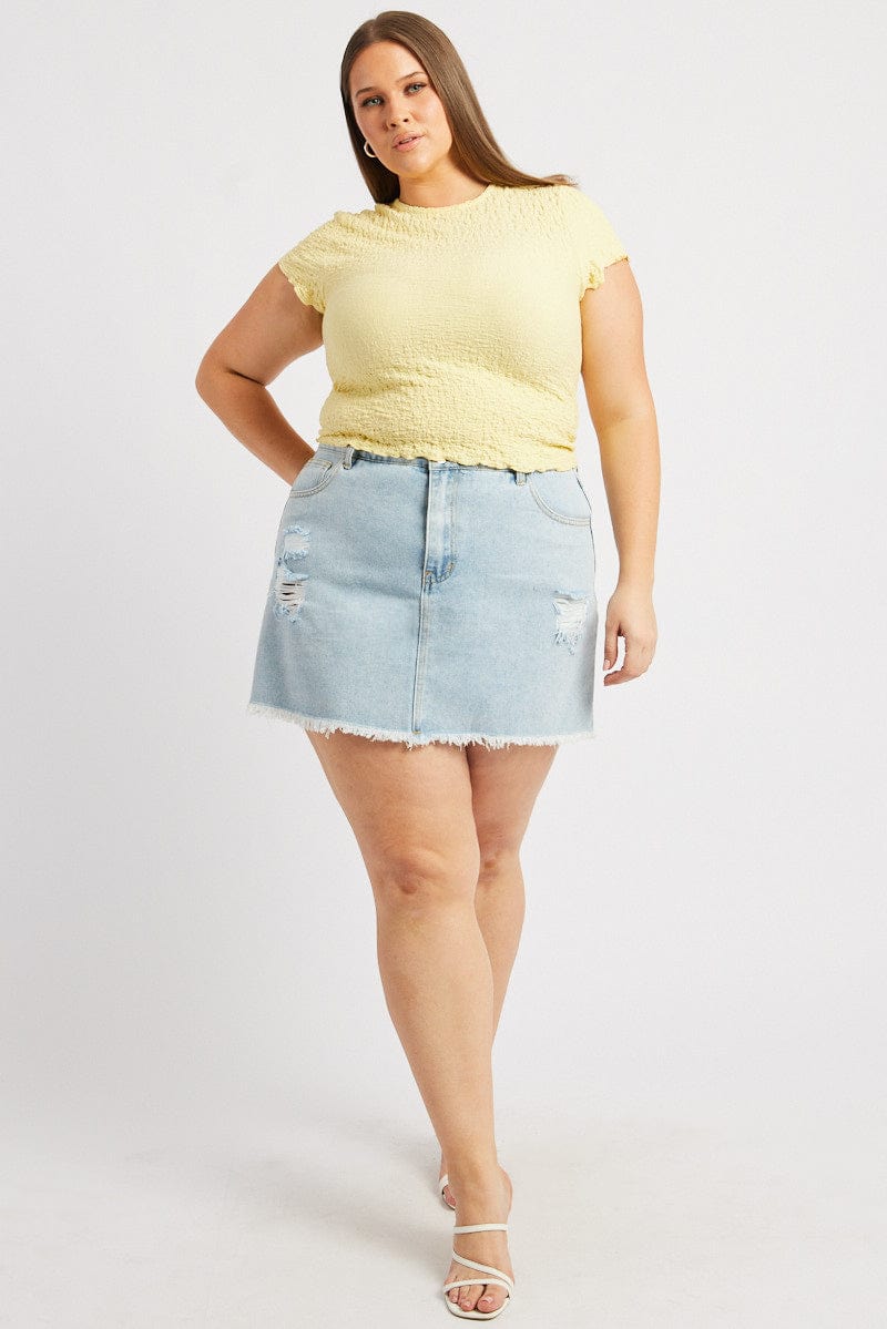 Yellow Top Textured Short Sleeve Crew Neck for YouandAll Fashion