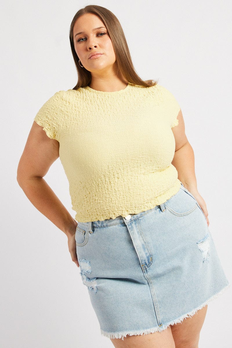 Yellow Top Textured Short Sleeve Crew Neck for YouandAll Fashion