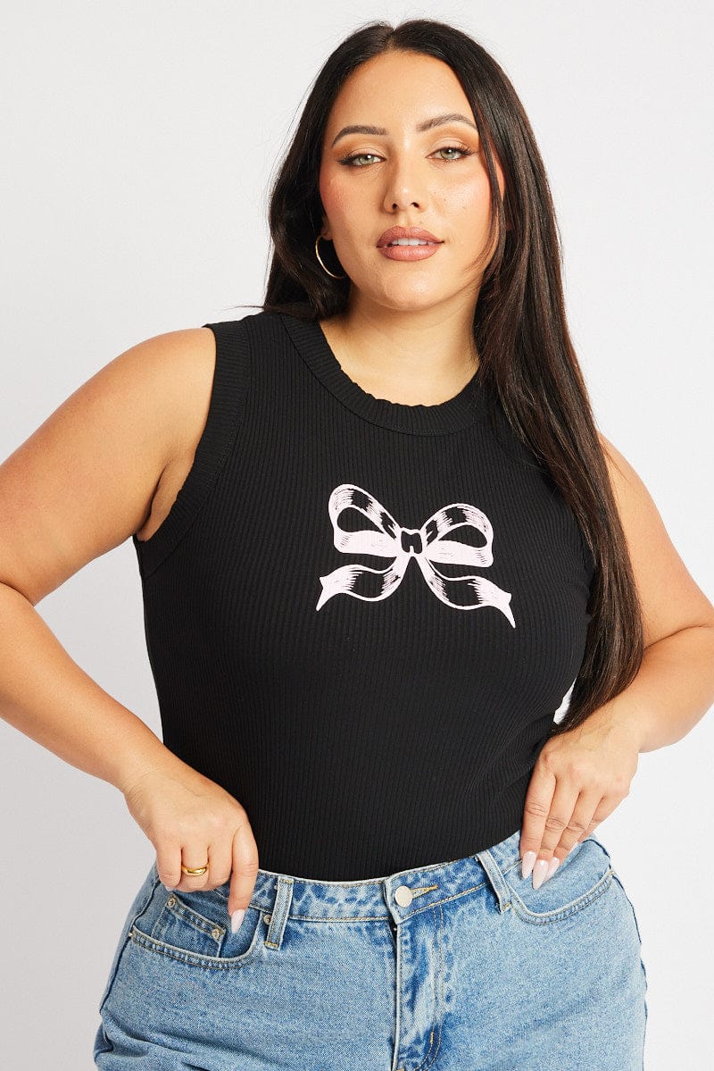 Black Tank Top Ribbon Print for YouandAll Fashion