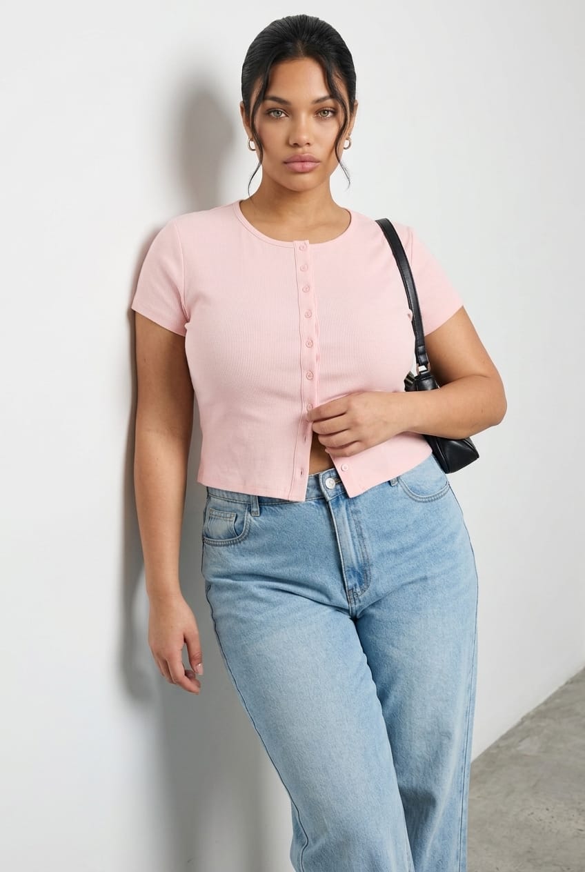 Pink Top Short Sleeve Button Front Rib