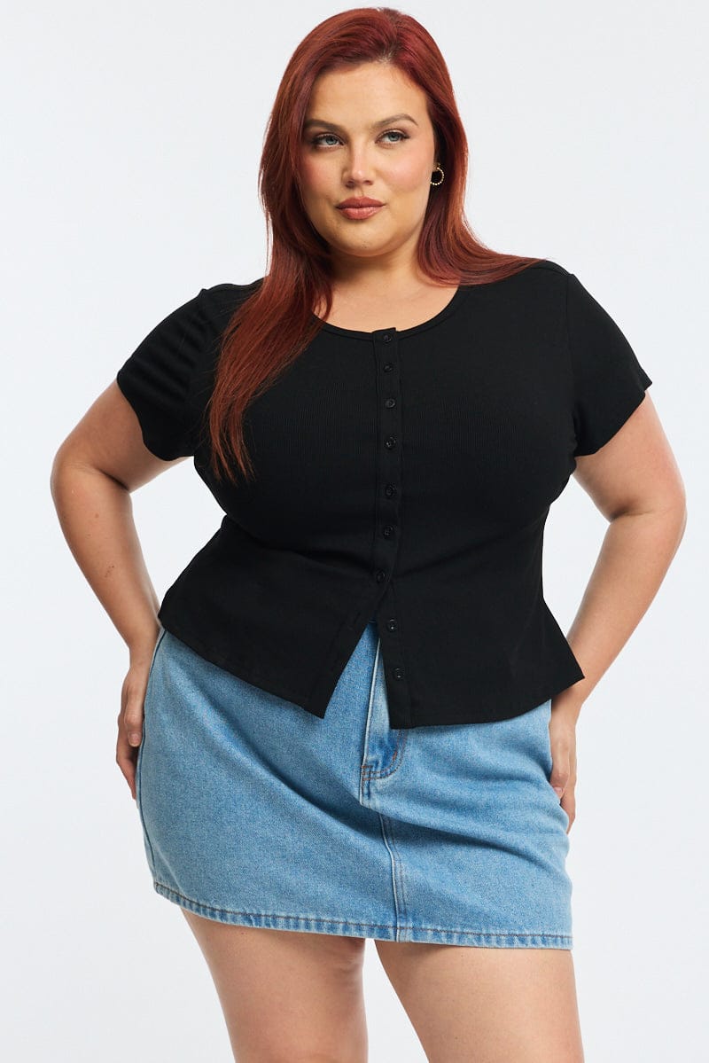 Black Top Short Sleeve Button Front Rib for YouandAll Fashion