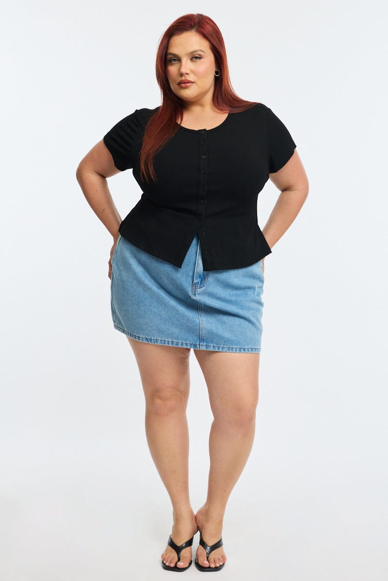 Black Top Short Sleeve Button Front Rib for YouandAll Fashion