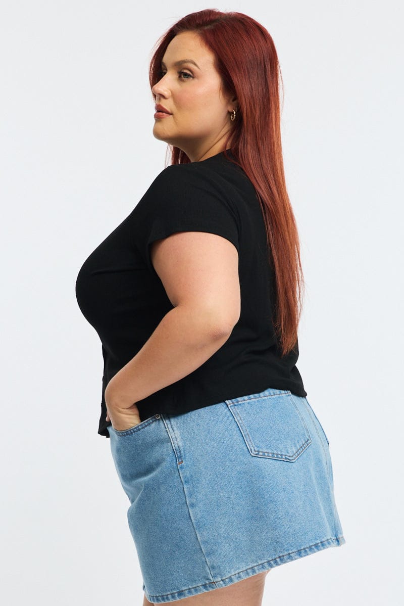 Black Top Short Sleeve Button Front Rib for YouandAll Fashion