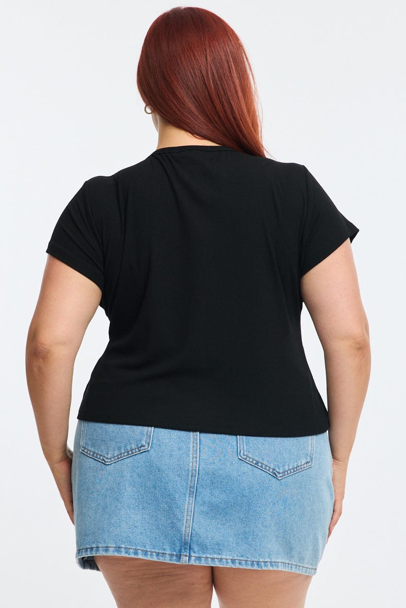 Black Top Short Sleeve Button Front Rib for YouandAll Fashion