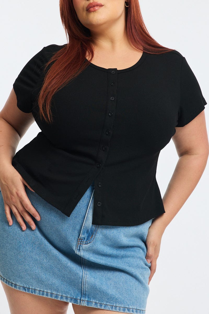 Black Top Short Sleeve Button Front Rib for YouandAll Fashion