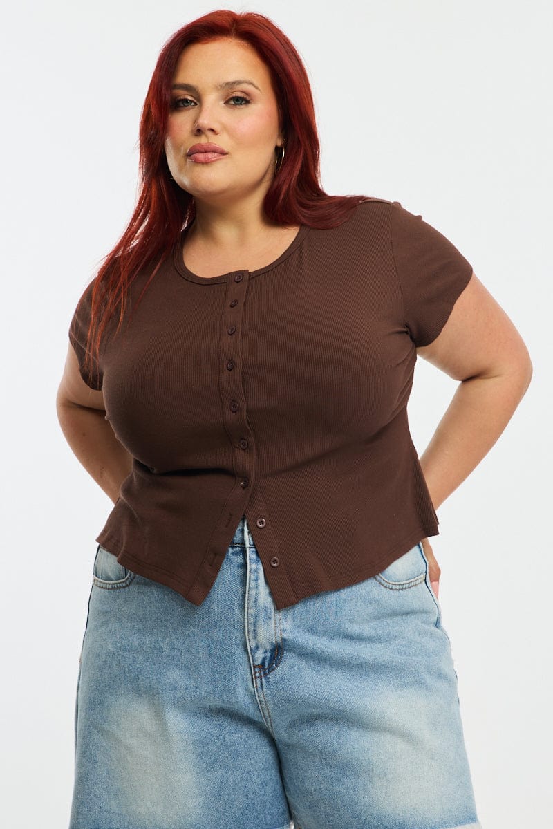 Brown Top Short Sleeve Button Front Rib for YouandAll Fashion