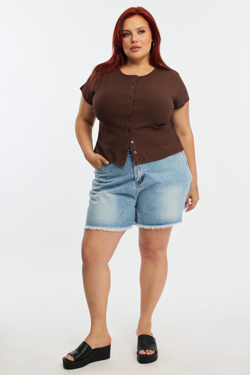 Brown Top Short Sleeve Button Front Rib for YouandAll Fashion