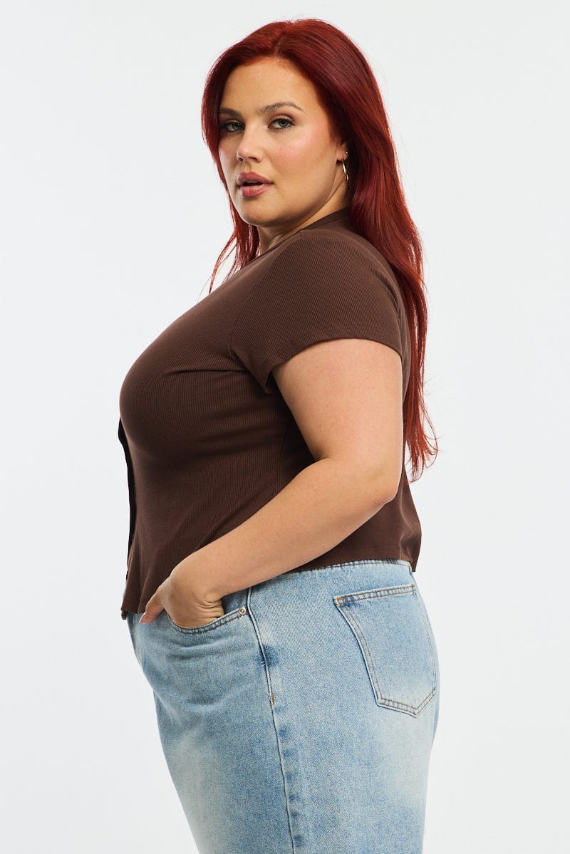 Brown Top Short Sleeve Button Front Rib for YouandAll Fashion