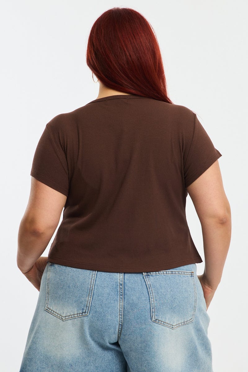 Brown Top Short Sleeve Button Front Rib for YouandAll Fashion