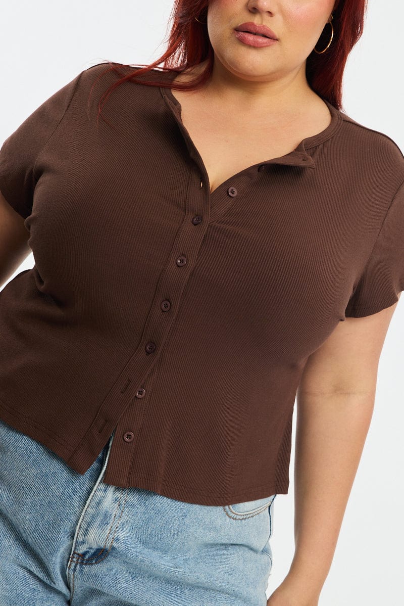 Brown Top Short Sleeve Button Front Rib for YouandAll Fashion