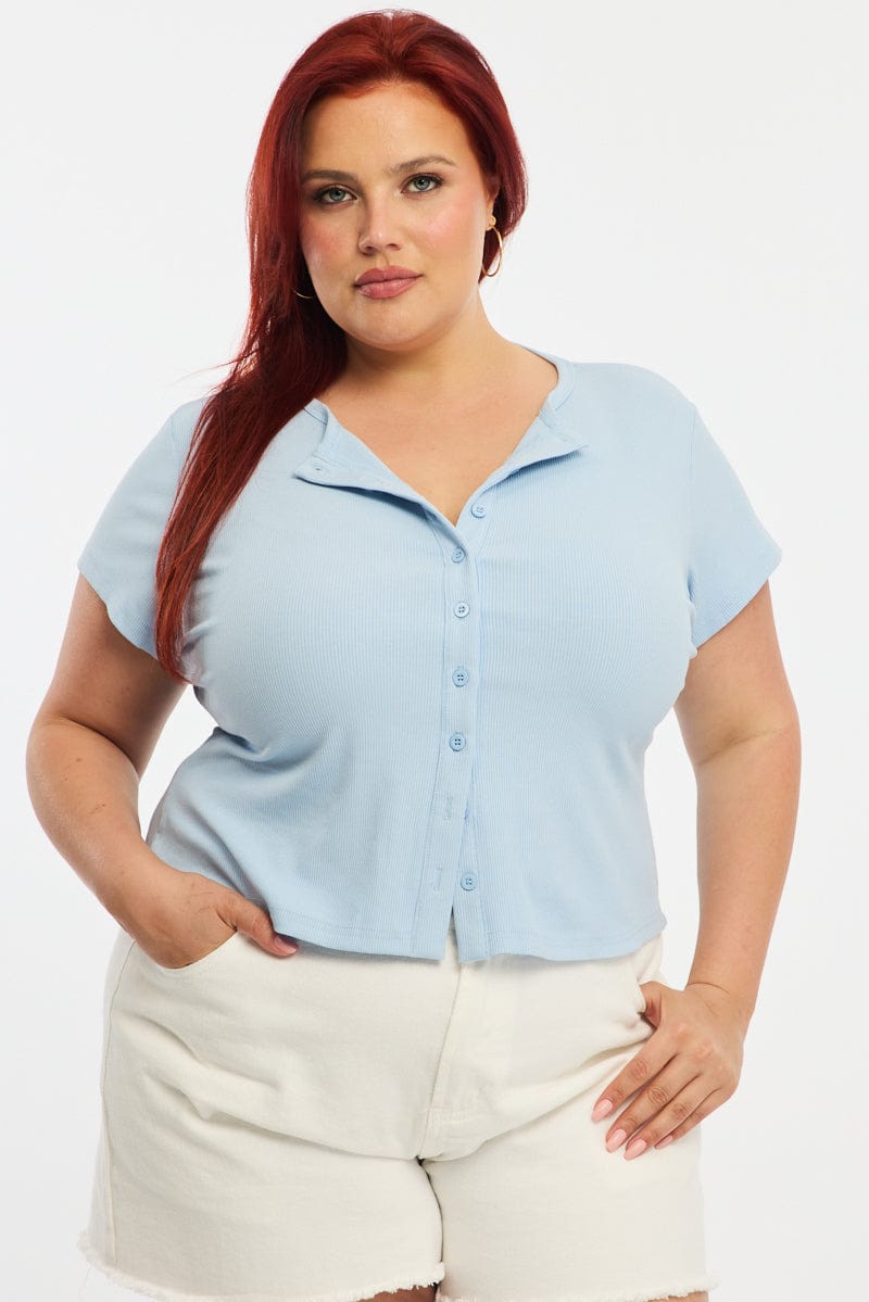 Blue Top Short Sleeve Button Front Rib for YouandAll Fashion