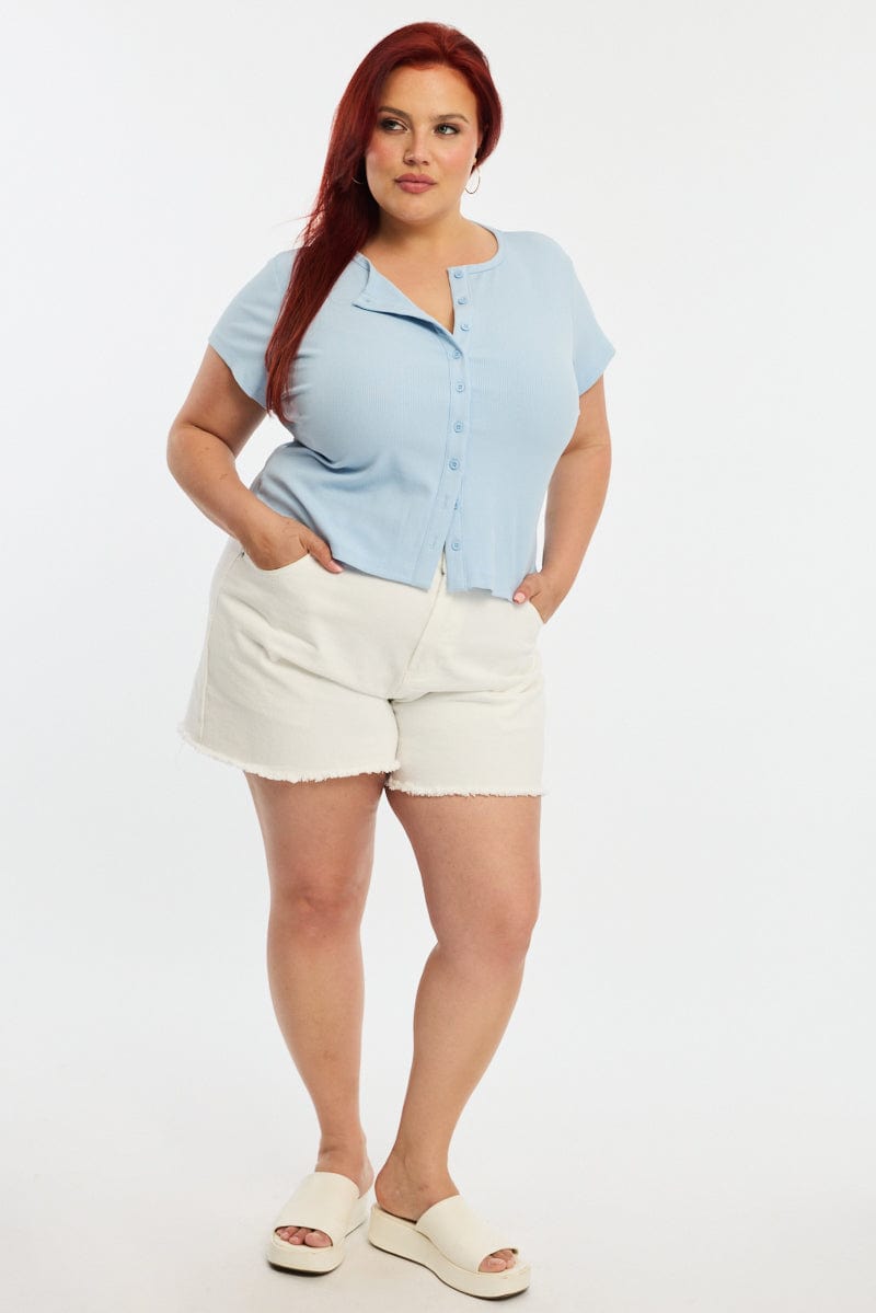 Blue Top Short Sleeve Button Front Rib for YouandAll Fashion