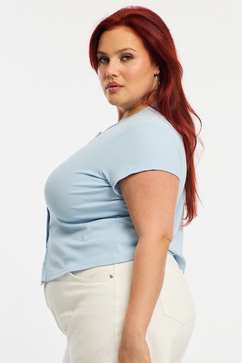 Blue Top Short Sleeve Button Front Rib for YouandAll Fashion
