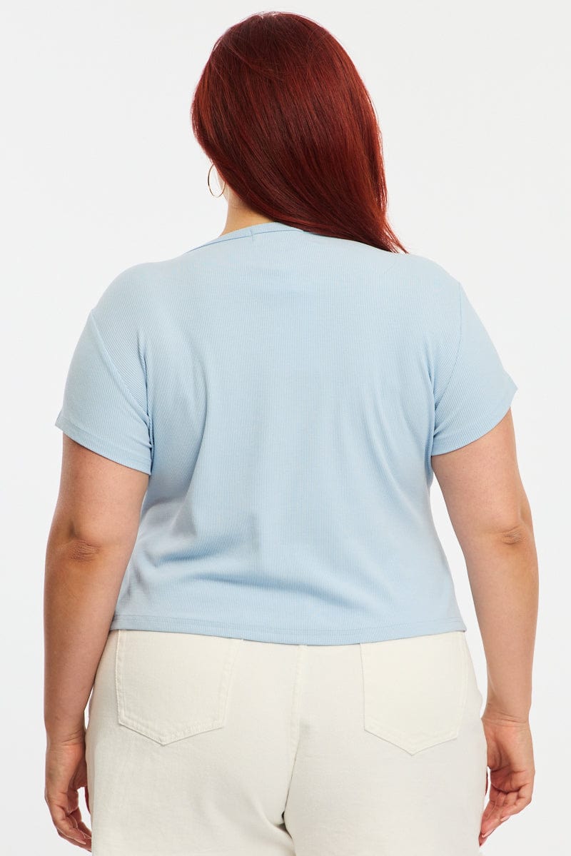 Blue Top Short Sleeve Button Front Rib for YouandAll Fashion