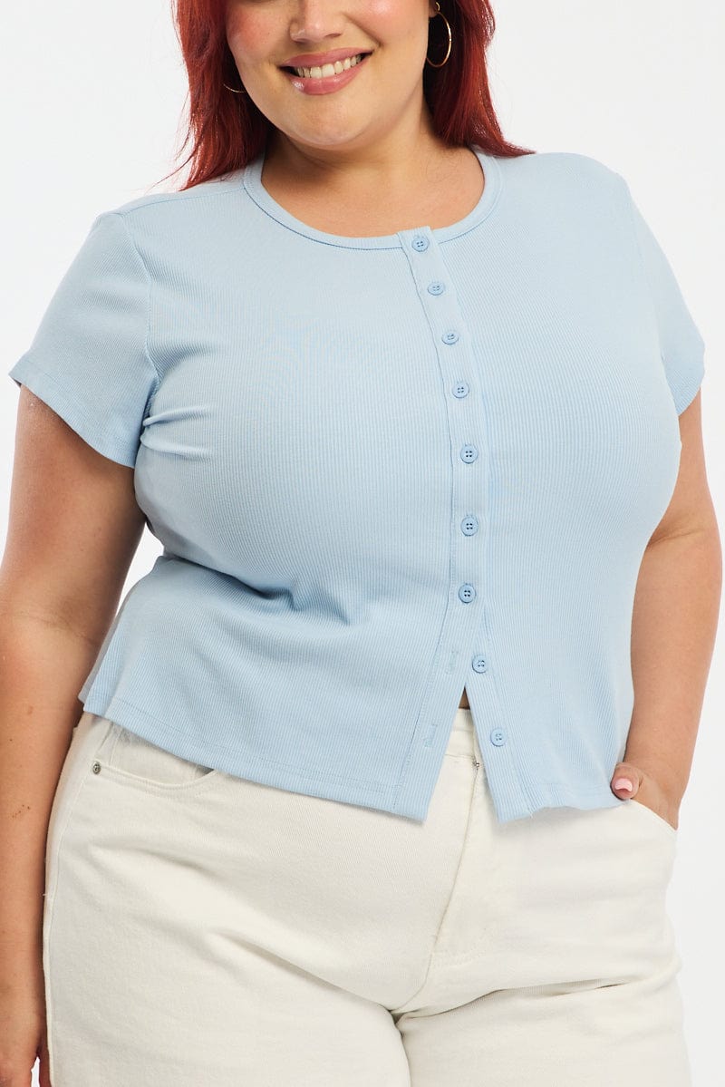 Blue Top Short Sleeve Button Front Rib for YouandAll Fashion
