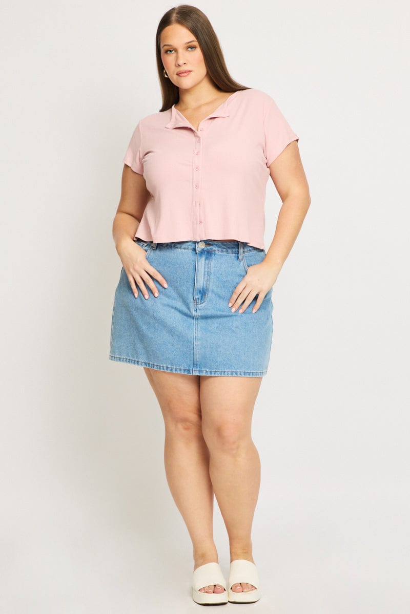 Pink Top Short Sleeve Button Front Rib for YouandAll Fashion