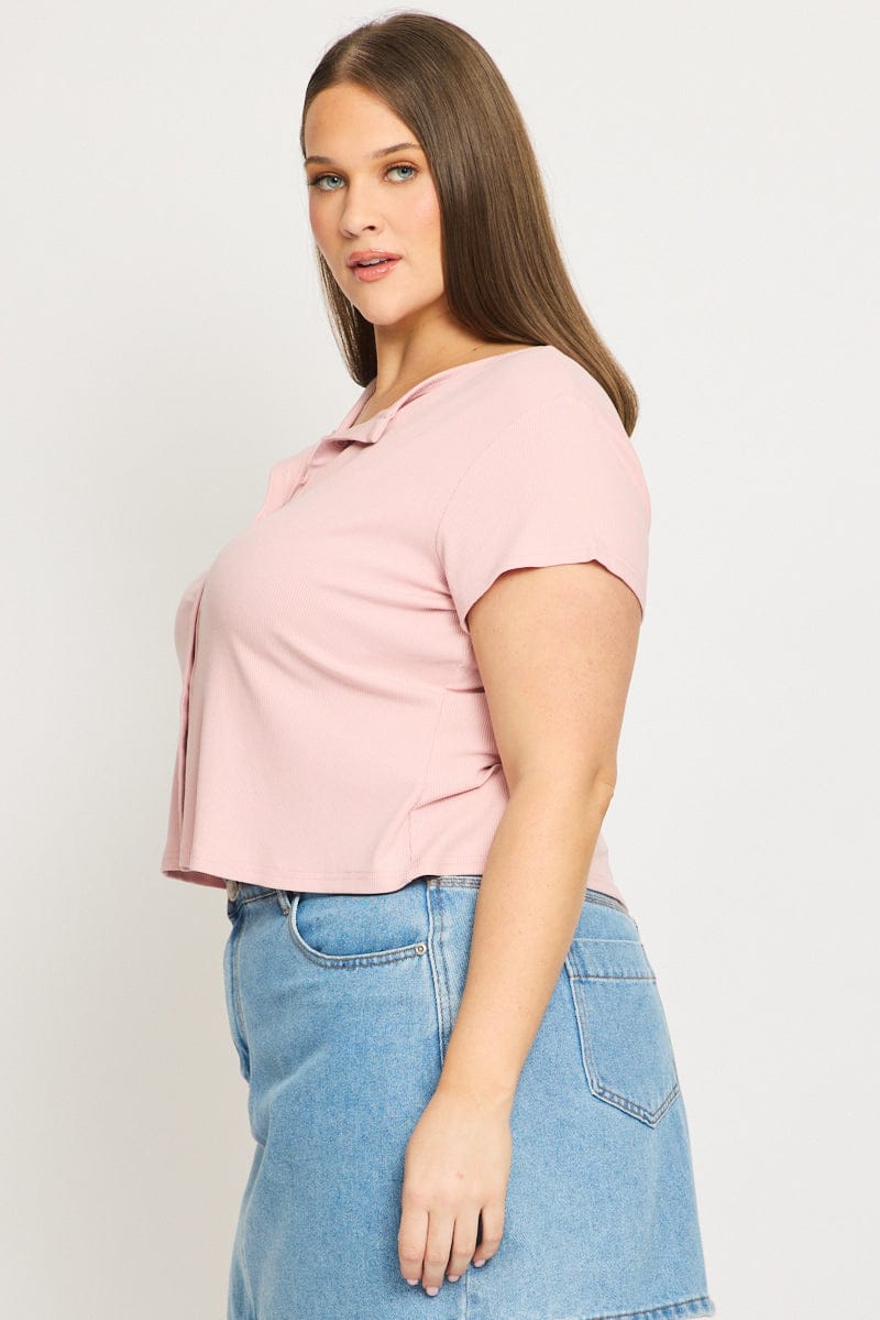 Pink Top Short Sleeve Button Front Rib for YouandAll Fashion