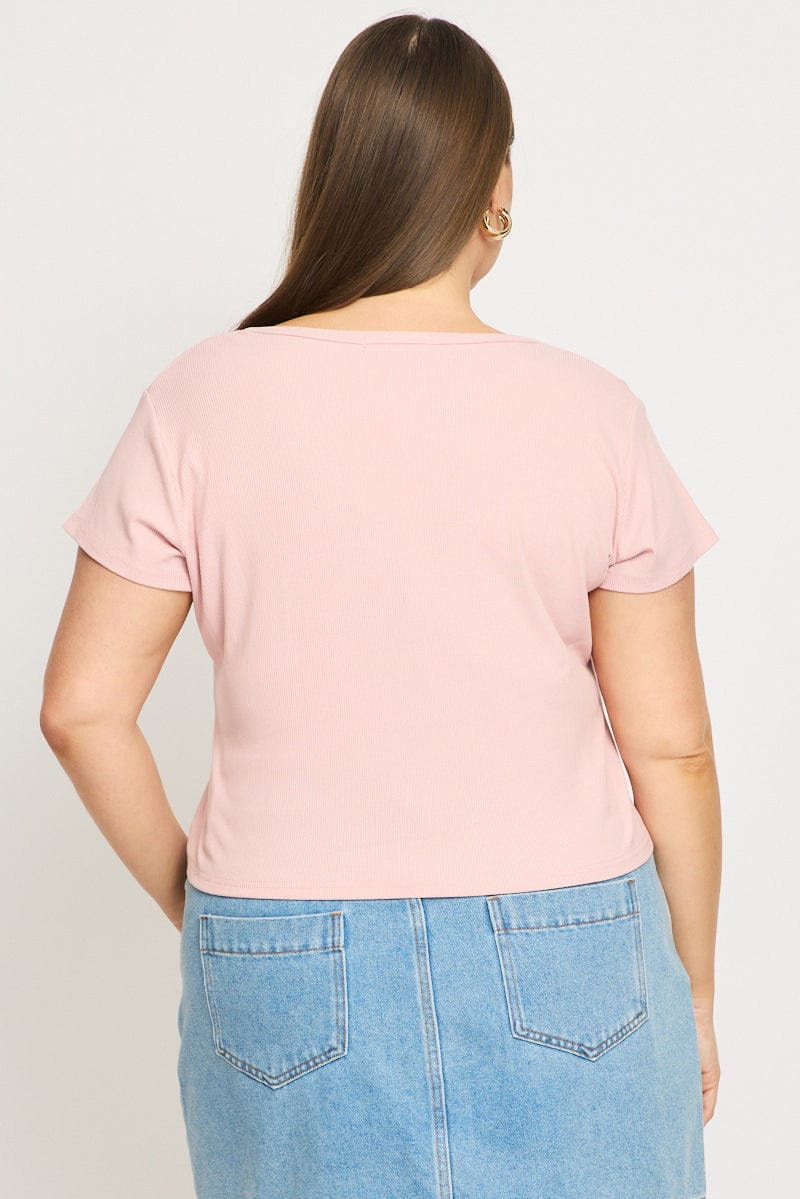Pink Top Short Sleeve Button Front Rib for YouandAll Fashion