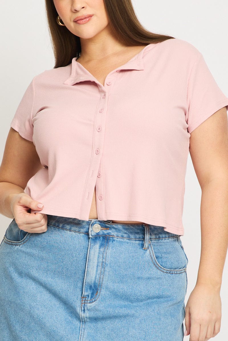 Pink Top Short Sleeve Button Front Rib for YouandAll Fashion
