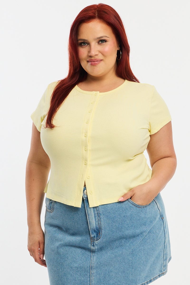 Yellow Top Short Sleeve Button Front Rib for YouandAll Fashion