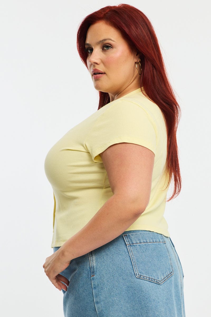 Yellow Top Short Sleeve Button Front Rib for YouandAll Fashion