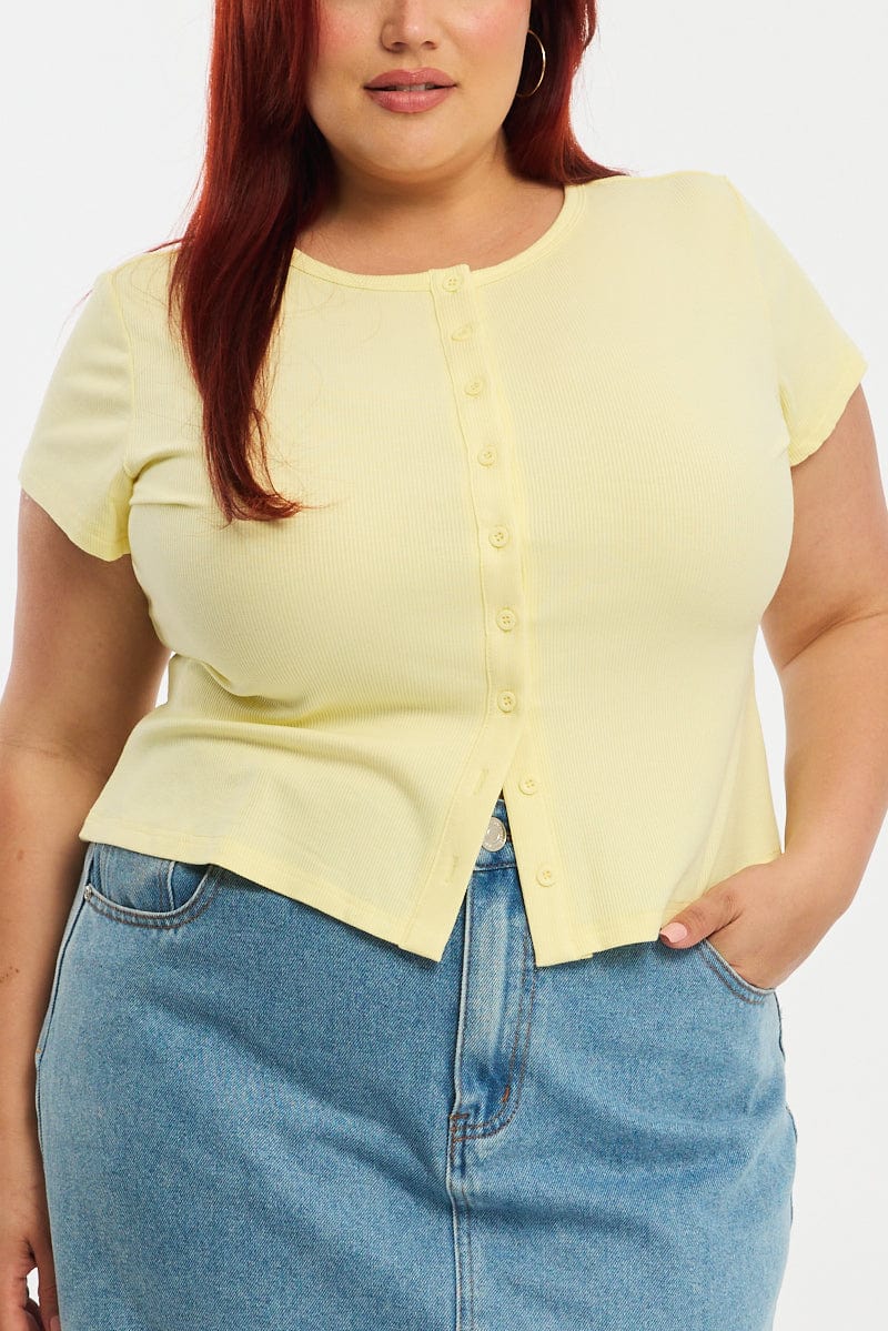 Yellow Top Short Sleeve Button Front Rib for YouandAll Fashion