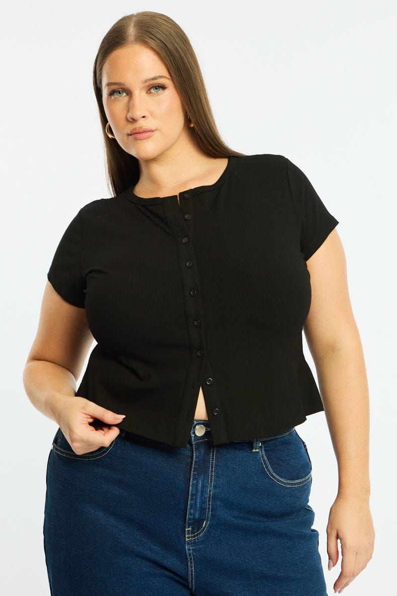 Black Top Short Sleeve Button Front Rib for YouandAll Fashion