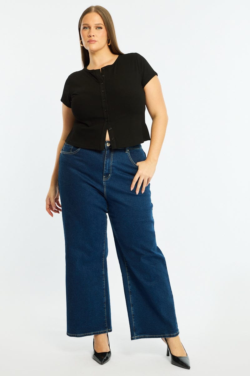 Black Top Short Sleeve Button Front Rib for YouandAll Fashion
