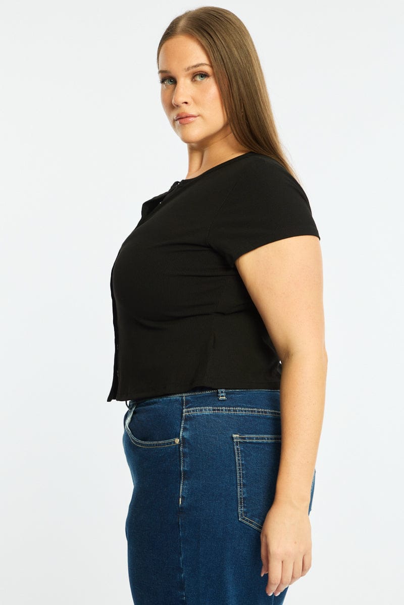 Black Top Short Sleeve Button Front Rib for YouandAll Fashion