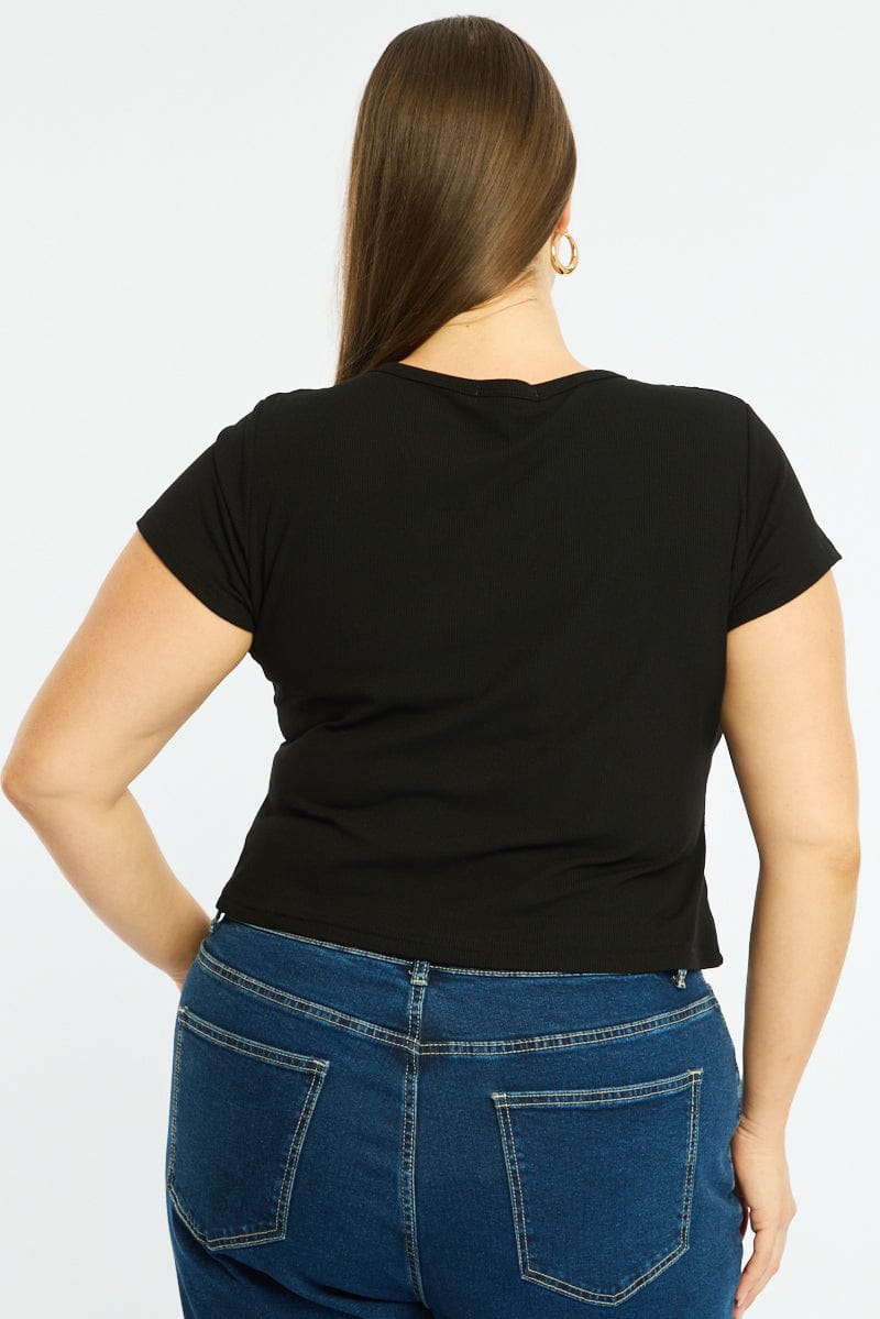 Black Top Short Sleeve Button Front Rib for YouandAll Fashion