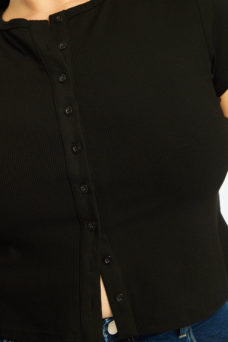 Black Top Short Sleeve Button Front Rib for YouandAll Fashion