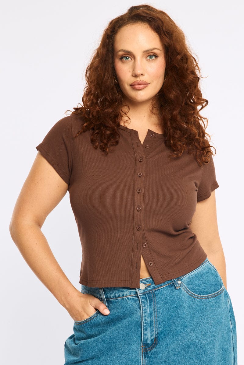 Brown Top Short Sleeve Button Front Rib for YouandAll Fashion
