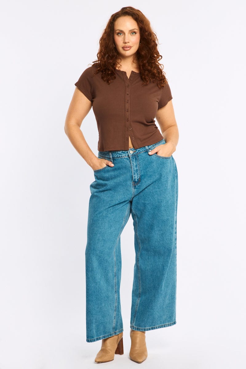 Brown Top Short Sleeve Button Front Rib for YouandAll Fashion