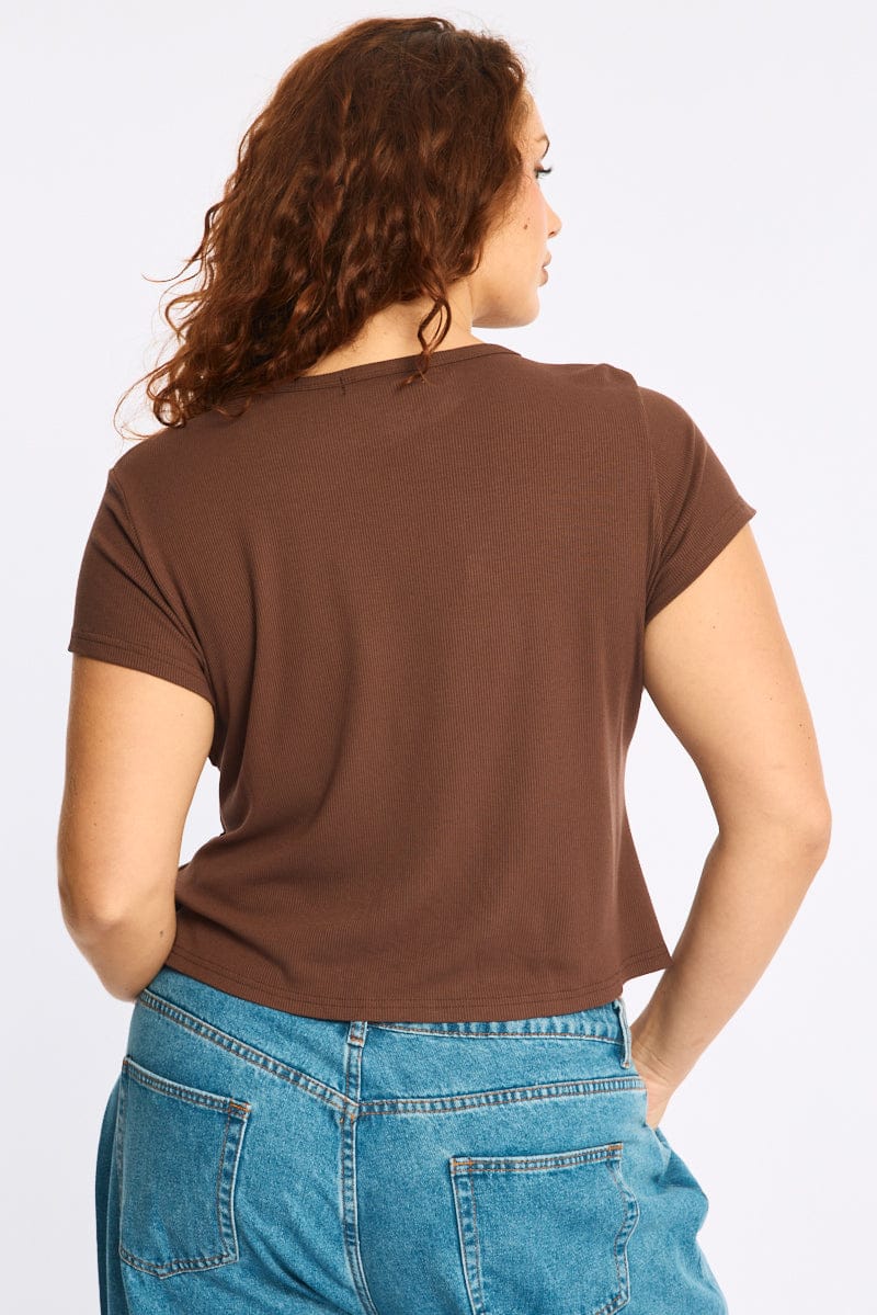 Brown Top Short Sleeve Button Front Rib for YouandAll Fashion