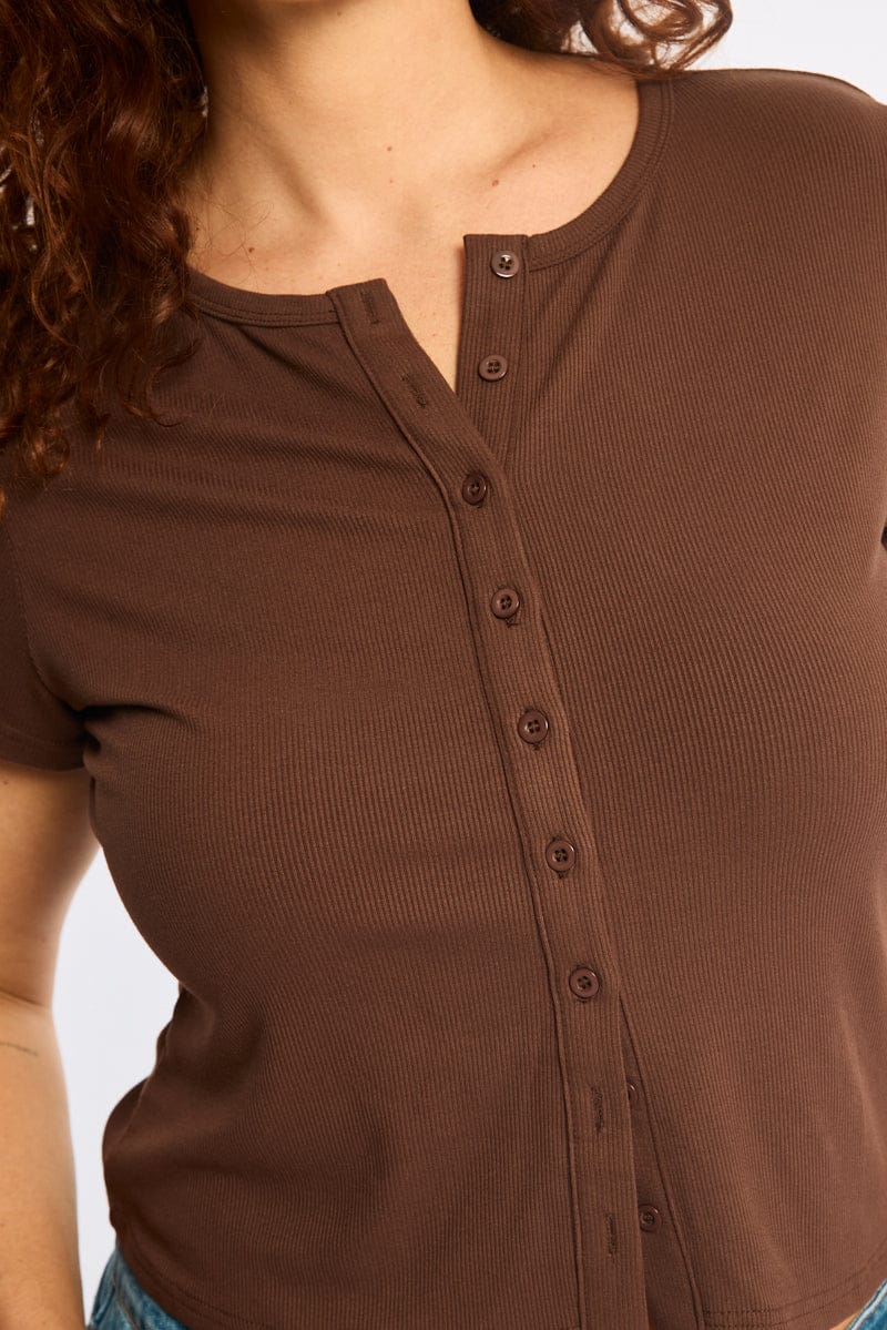 Brown Top Short Sleeve Button Front Rib for YouandAll Fashion