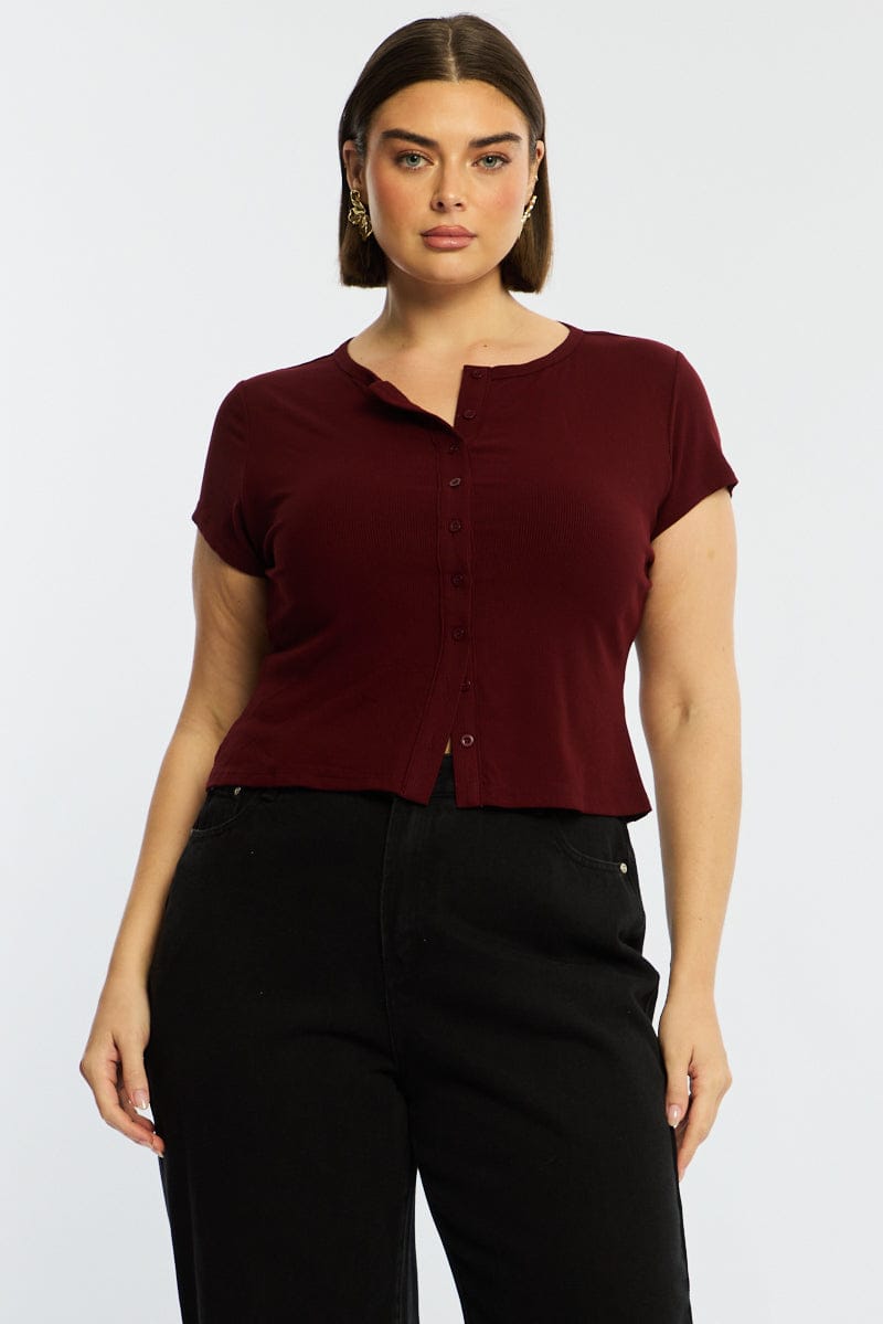 Red Top Short Sleeve Button Front Rib for YouandAll Fashion