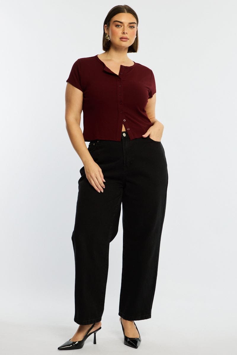 Red Top Short Sleeve Button Front Rib for YouandAll Fashion