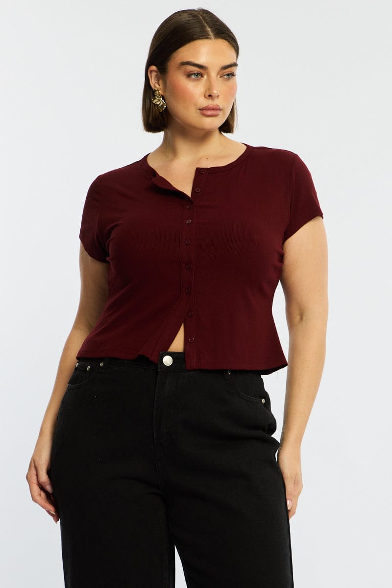Red Top Short Sleeve Button Front Rib for YouandAll Fashion