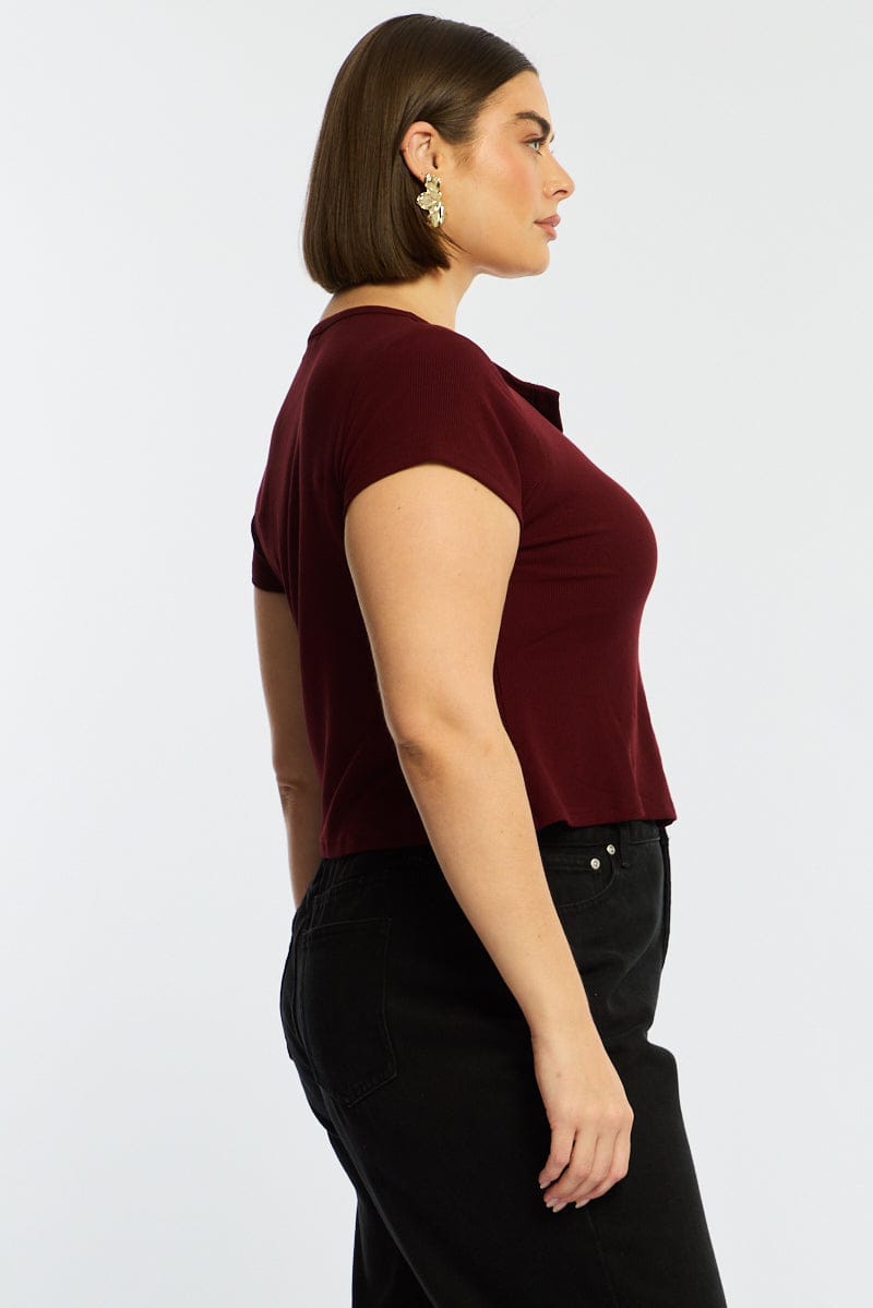 Red Top Short Sleeve Button Front Rib for YouandAll Fashion