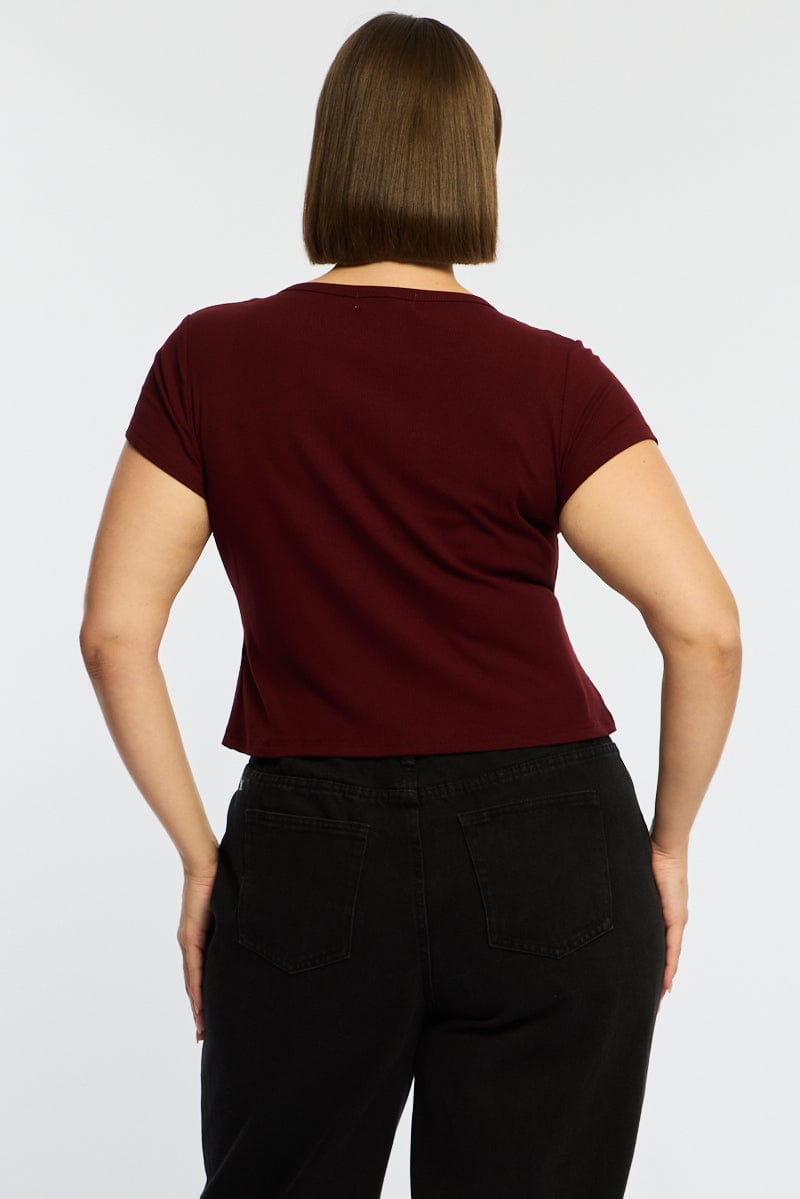 Red Top Short Sleeve Button Front Rib for YouandAll Fashion