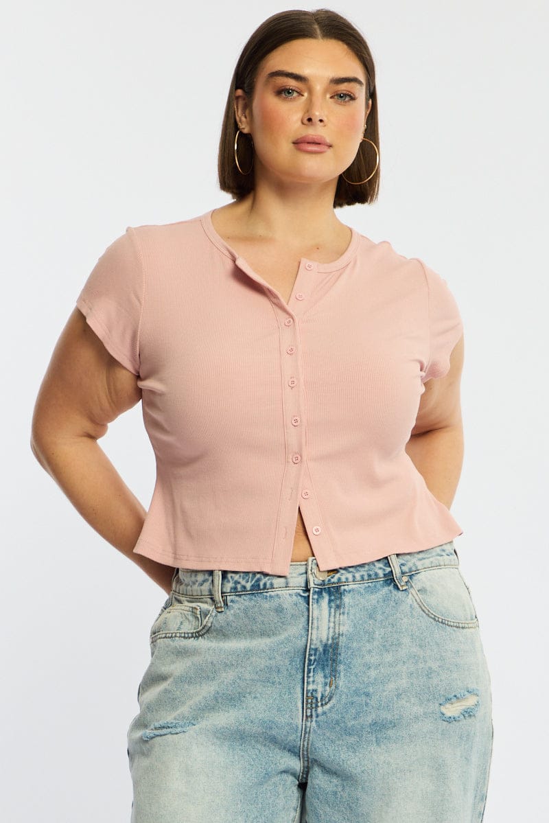 Pink Top Short Sleeve Button Front Rib for YouandAll Fashion