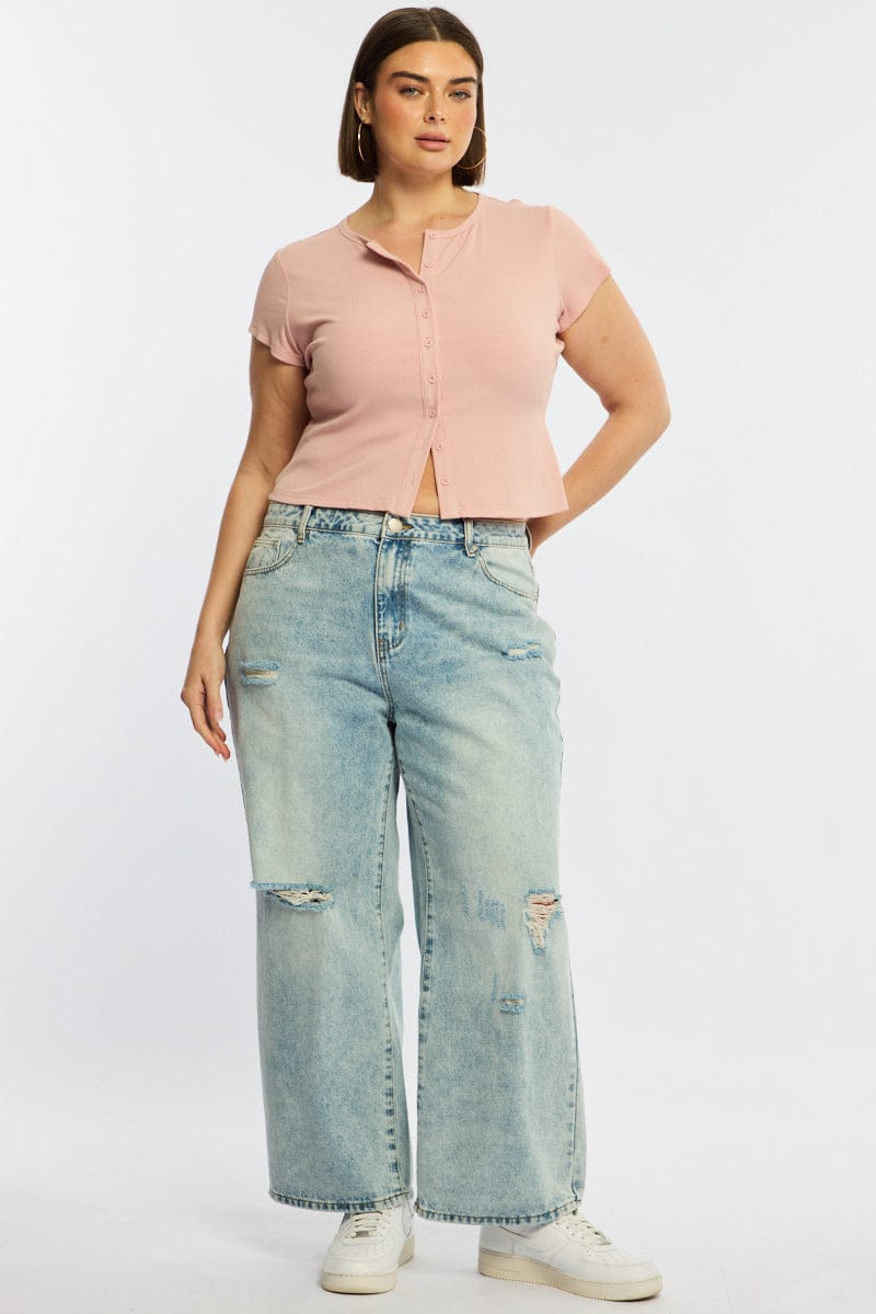 Pink Top Short Sleeve Button Front Rib for YouandAll Fashion