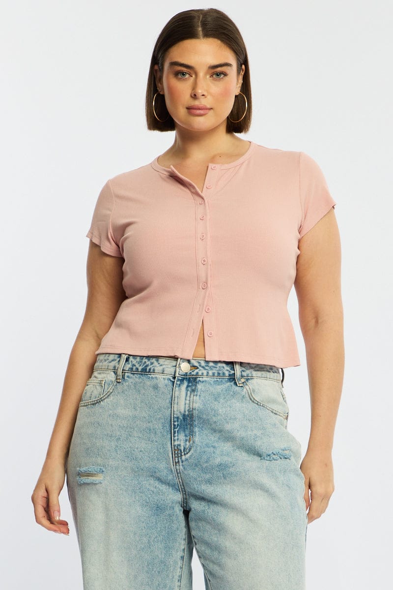 Pink Top Short Sleeve Button Front Rib for YouandAll Fashion