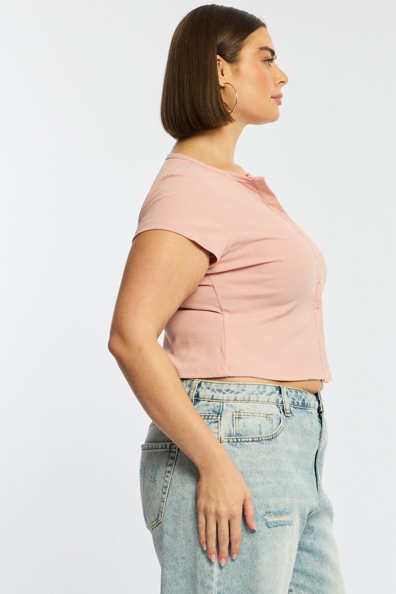 Pink Top Short Sleeve Button Front Rib for YouandAll Fashion