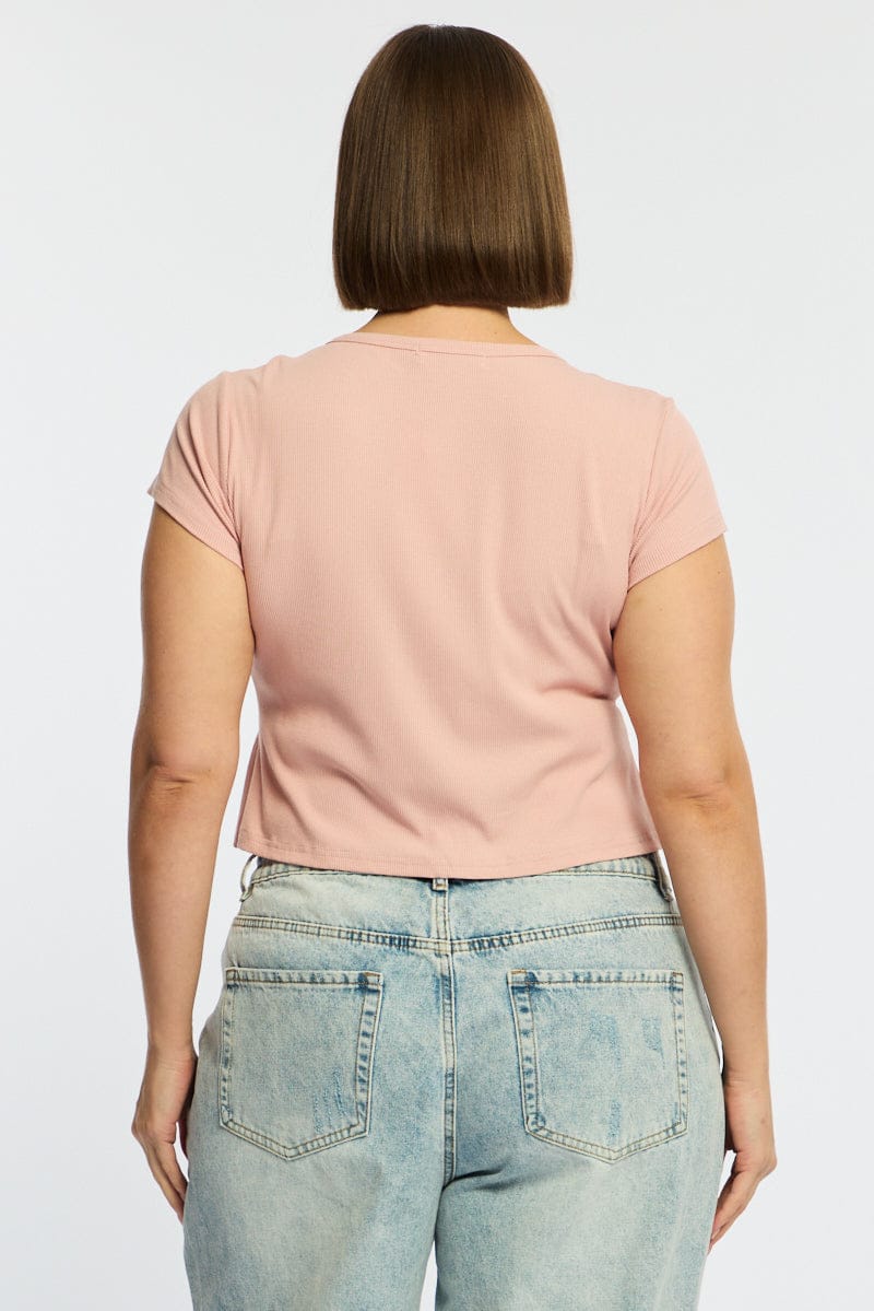 Pink Top Short Sleeve Button Front Rib for YouandAll Fashion